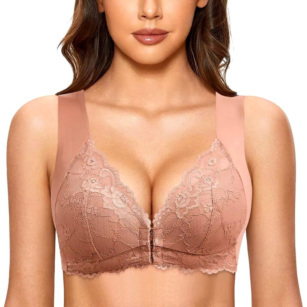 Seamless lace front closure bra beige NIB 2XL